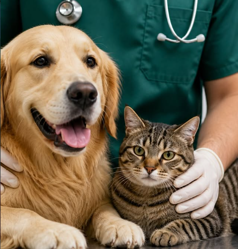 Cachorro e gato acolhidos por um profissional veterinário
