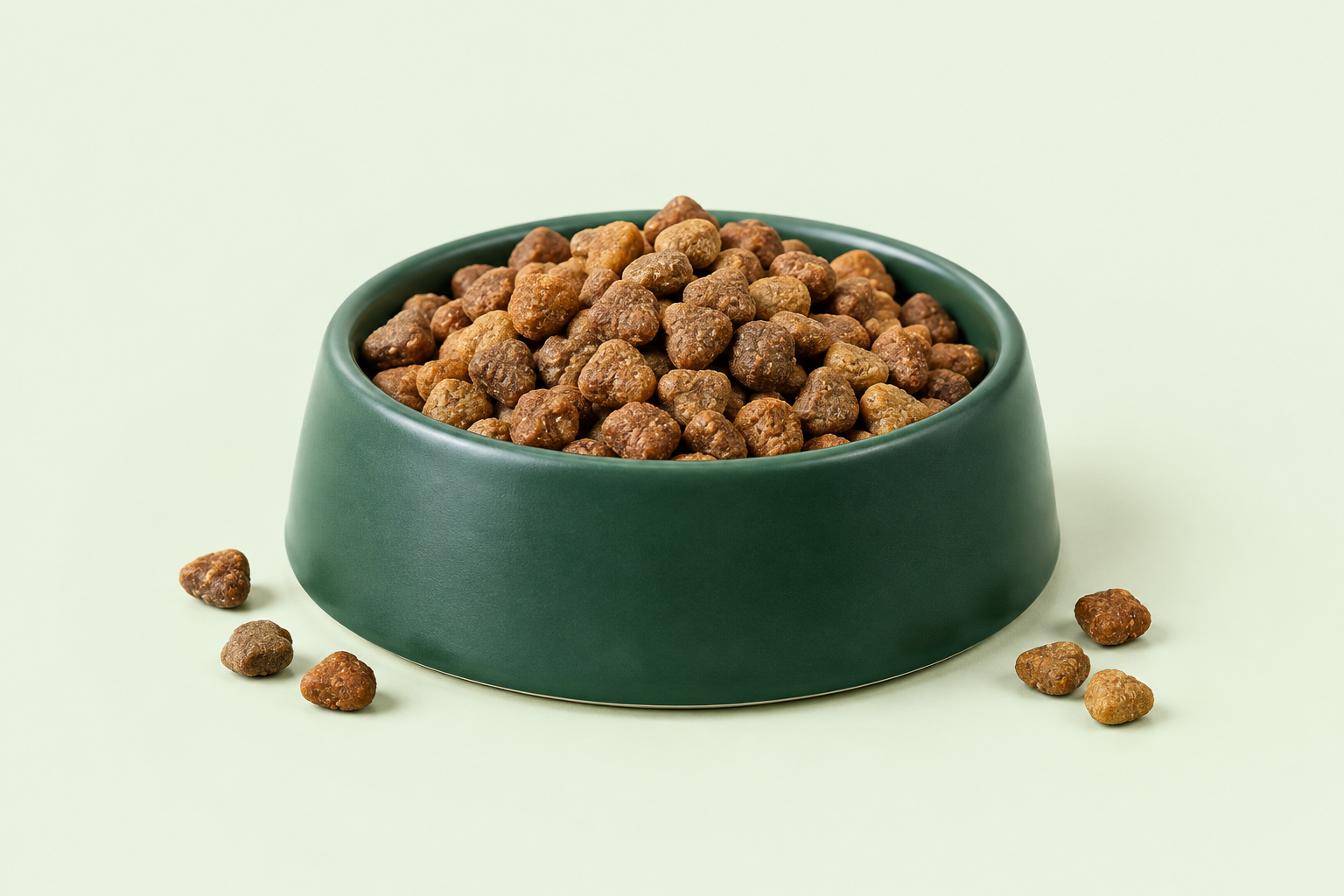 Tigela verde com ração seca para cães, imagem ilustrativa